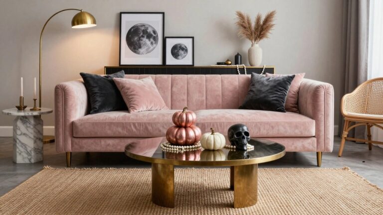 Living room with pink tufted velvet sofa, black throw pillow, brass coffee table holding orange, copper, white pumpkins and black skulls with pearls, gold arc lamp, pampas grass in vase, marble side table with candles, and rattan chair.