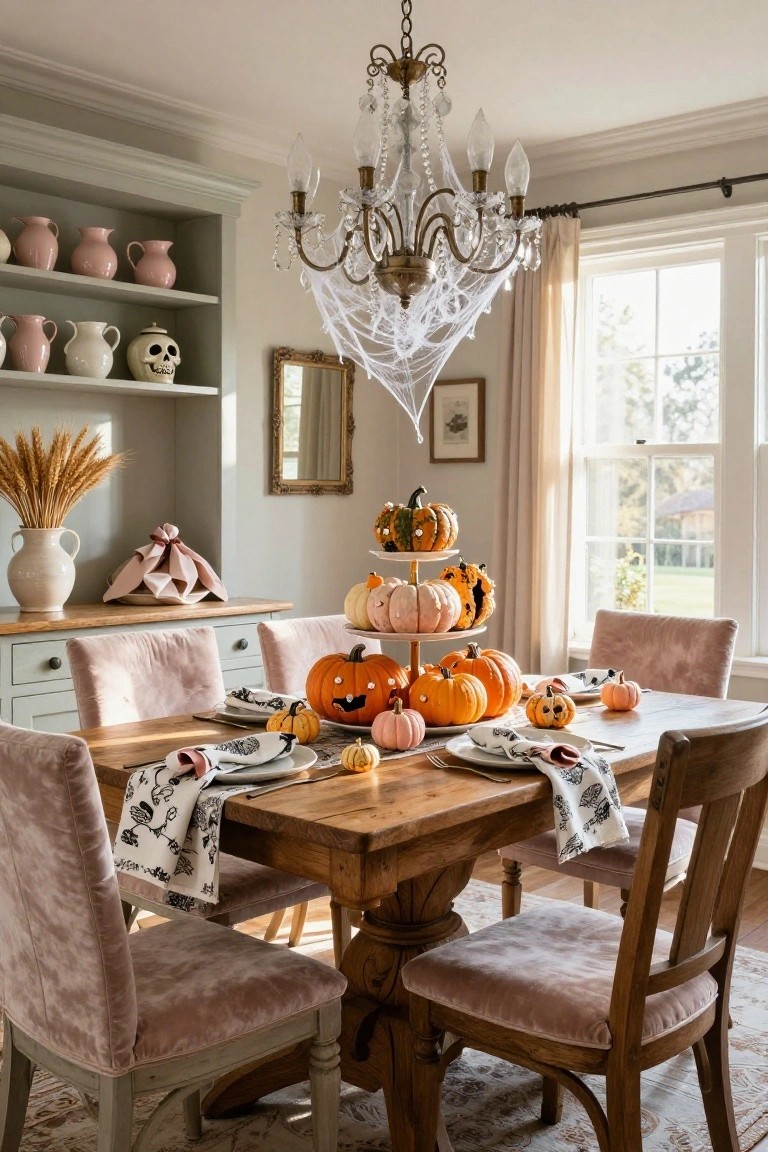 A dining room with blush pink velvet chairs around a wooden table holding a tiered stand of pink and orange Halloween pumpkins, pink napkins with black skull patterns, a chandelier draped in spider webs, and shelves displaying pink pottery and a white skull jar.