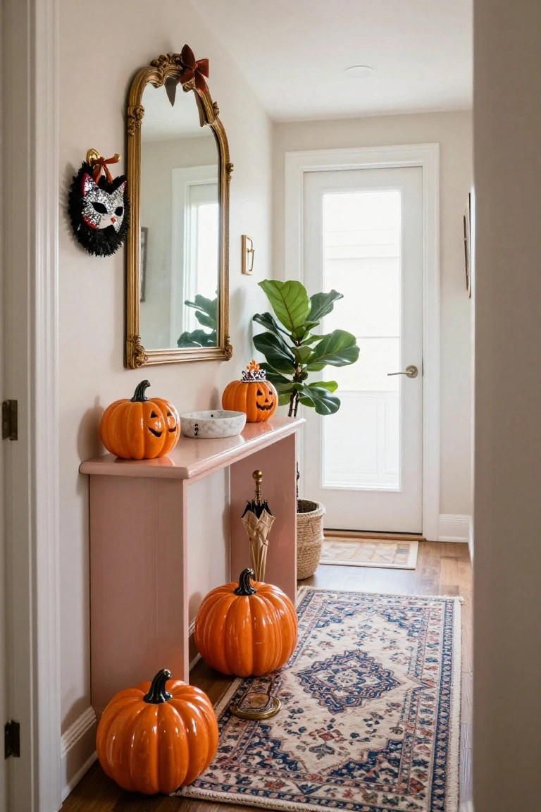 Blush pink console table in an entryway hallway holding jack-o-lantern pumpkins and white bowl, with ornate gold mirror decorated by black cat mask, ficus plant, umbrella stand, blue rug on wood floor, and white door with glass panel.