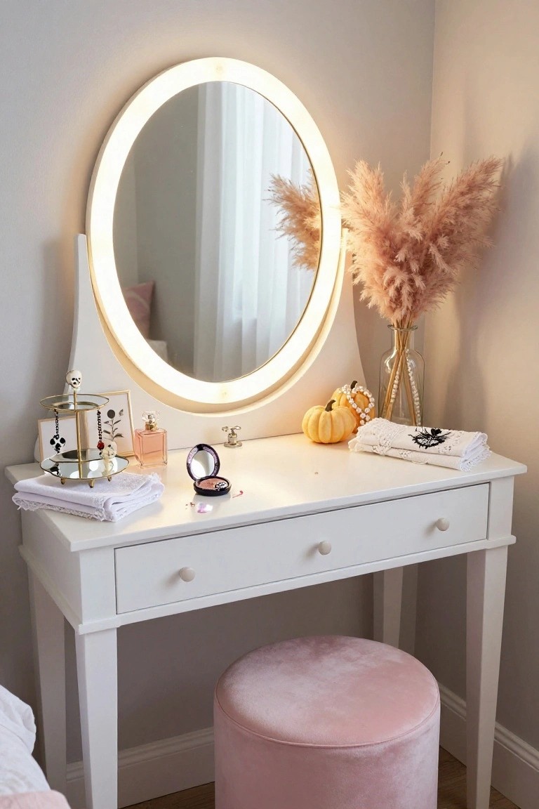 White wooden vanity table with oval lighted mirror, skull jewelry stand, small pumpkins, pink pampas grass in vase, perfume bottle, makeup compact, lace towels, and pink velvet pouf stool in bedroom corner.