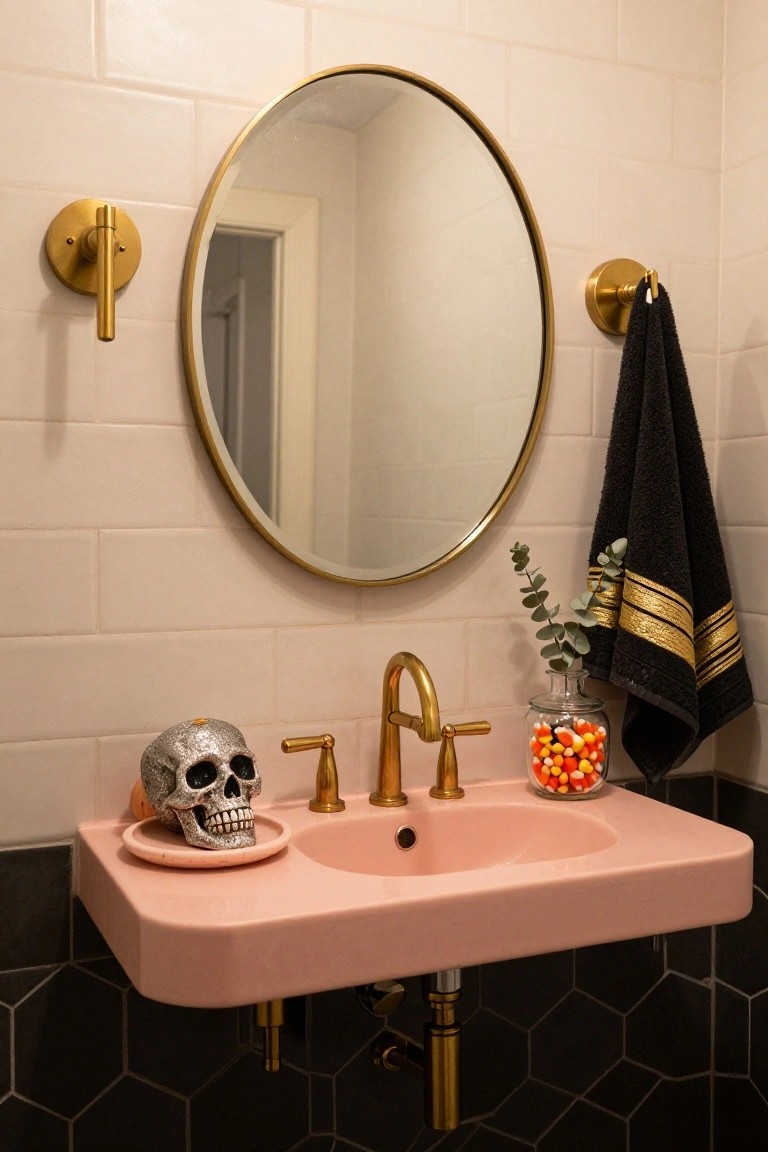 Girly Pink Sink with Halloween Skulls