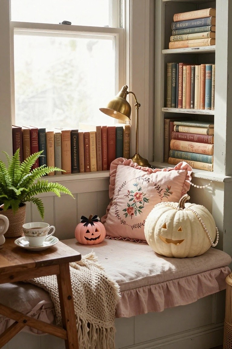 Cozy interior window seat with built-in bookshelves holding vintage books, pink embroidered ruffled pillow, white pumpkin with pearl strands and carved face, small orange pumpkin, green fern plant in basket, brass lamp, wooden side table with teacup and saucer, knit throw, and beige bench cushion with ruffles.