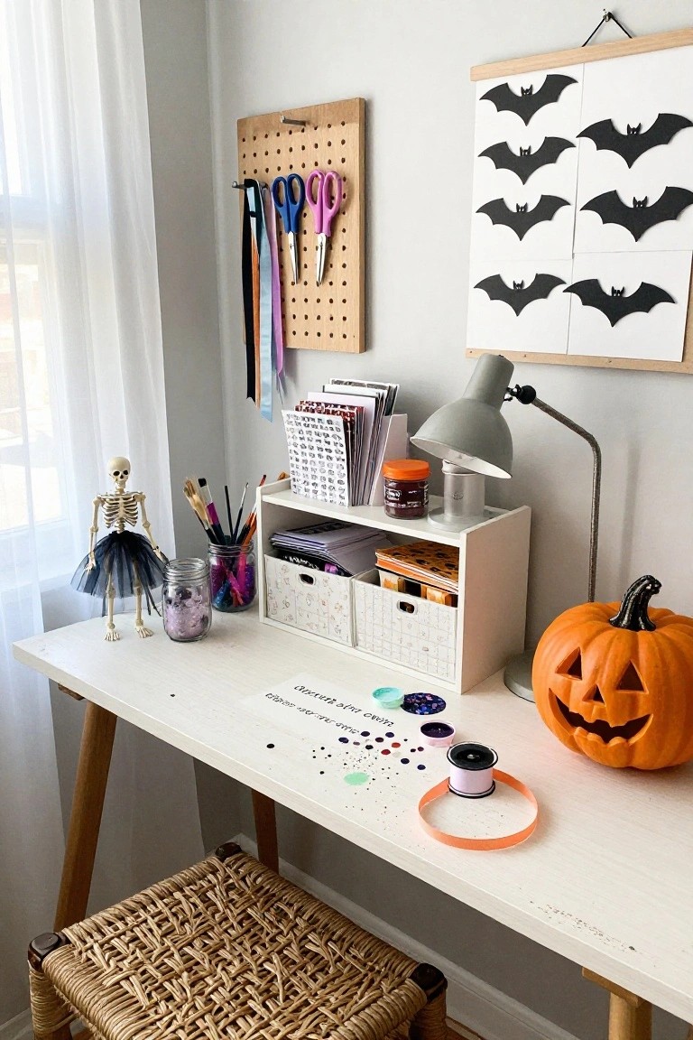 White wooden desk in a light gray room with Halloween decorations including a pegboard wall holding scissors and ribbons under black bat cutouts, a tutu-wearing skeleton figure, colorful jars, paint pots, and a jack-o-lantern lamp.