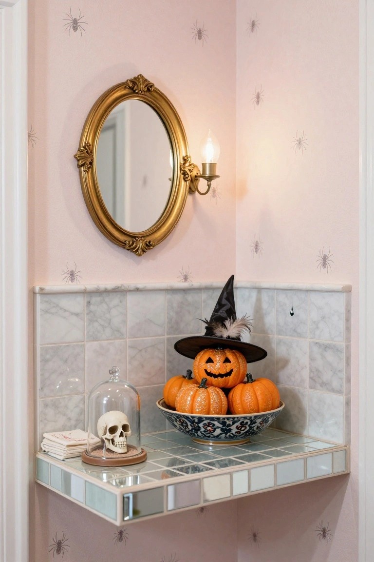 Pink bathroom corner with marble tiles, floating glass shelf holding a blue-and-white bowl of small orange pumpkins topped with a black witch hat and feather, glass-domed white skull nearby, gold oval mirror with candle sconce above, and spider decals on walls.
