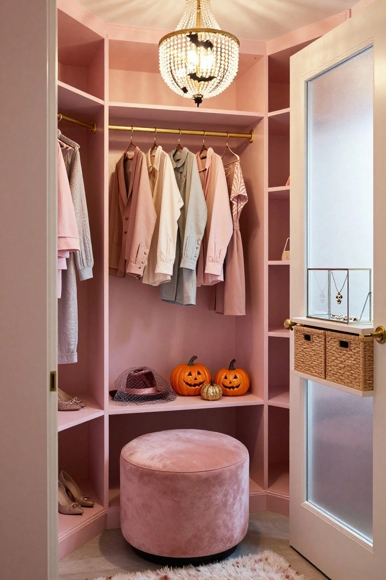 Corner walk-in closet with pink walls and shelves, hanging pastel clothes, small carved pumpkins, purple hat, pink velvet pouf, gold rods, wicker baskets, and crystal chandelier.