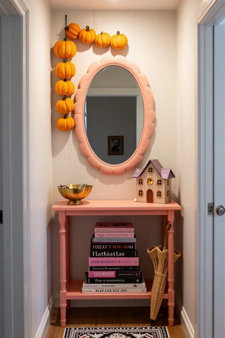 White paneled hallway with pink oval mirror, garland of orange felt pumpkins on wall, pink console table holding brass bowl, small beige house with lights, stacked books, and wicker umbrella.