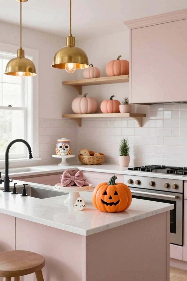 Blush pink kitchen with white marble island counter holding an orange jack-o-lantern pumpkin, white ghost figure, and cake stand with pink bow; pink cabinets, white subway tile backsplash, gold pendant lights, shelves with pumpkins, and black faucet over sink.