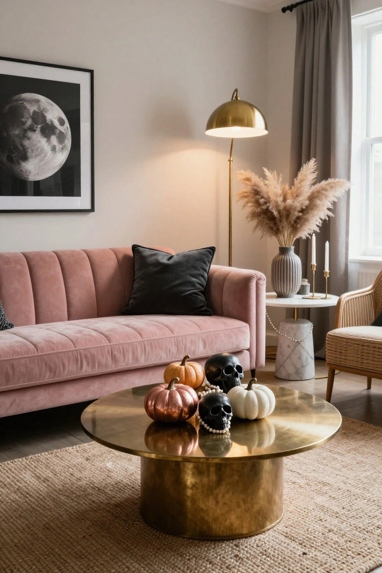 Living room with pink tufted velvet sofa, black throw pillow, brass coffee table holding orange, copper, white pumpkins and black skulls with pearls, gold arc lamp, pampas grass in vase, marble side table with candles, and rattan chair.