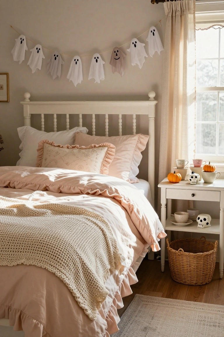 Bedroom interior featuring a white spindle bed with pink ruffled bedding and pillows, a garland of white paper ghosts hanging above the bed, small pumpkins and skull decorations on a white nightstand, and sheer curtains on a window.
