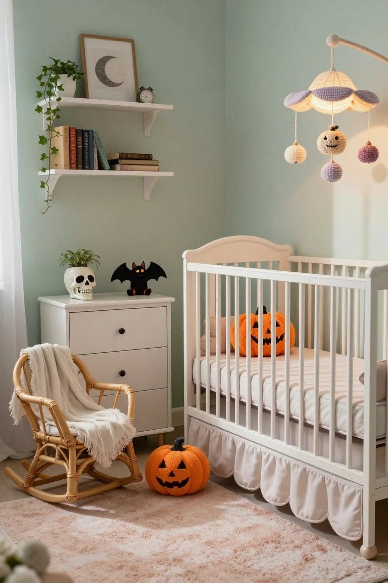 Mint green nursery room with white crib holding orange plush pumpkin, crocheted purple and white Halloween mobile overhead, rattan rocking chair with white blanket, shelves with ivy plants books and clock, skull planter with plant, black bat figure, and floor pumpkin.