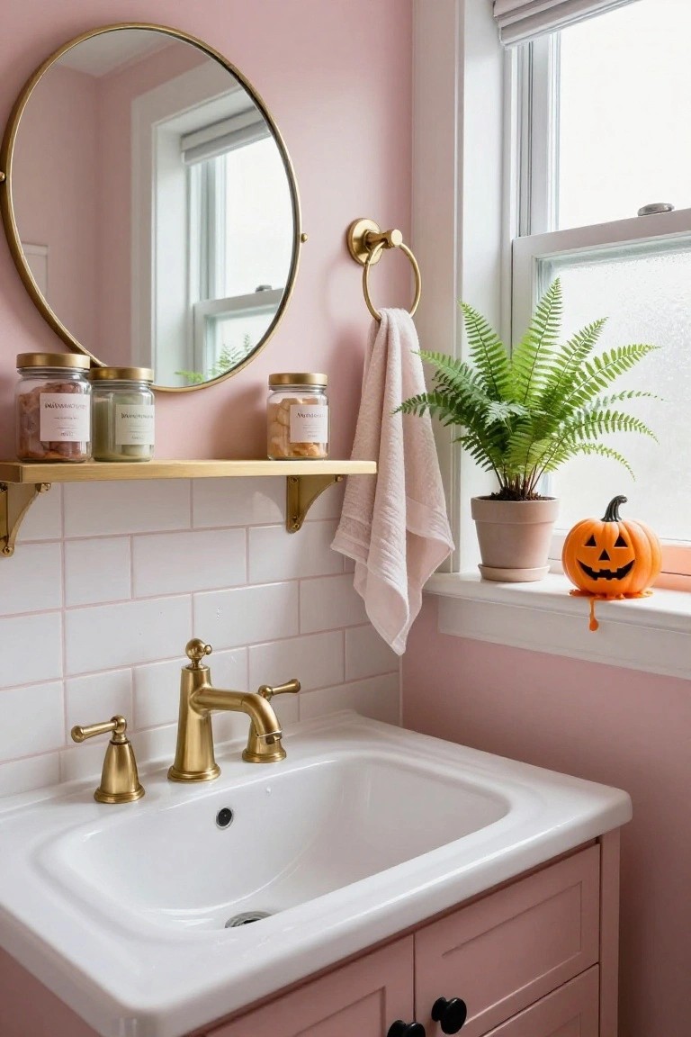 Blush pink bathroom with gold round mirror, shelf holding three glass jars, gold faucet and sink, white subway tile walls, towel on gold ring, potted fern plant, and orange plastic pumpkin on windowsill.