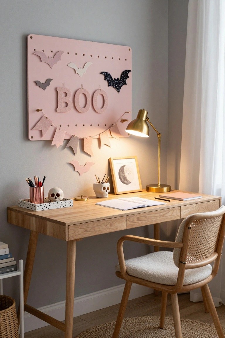 A corner of a light gray room with a wooden desk holding notebooks, a skull mug, pens, and a small skull; above it a pink pegboard wall with bat shapes, 