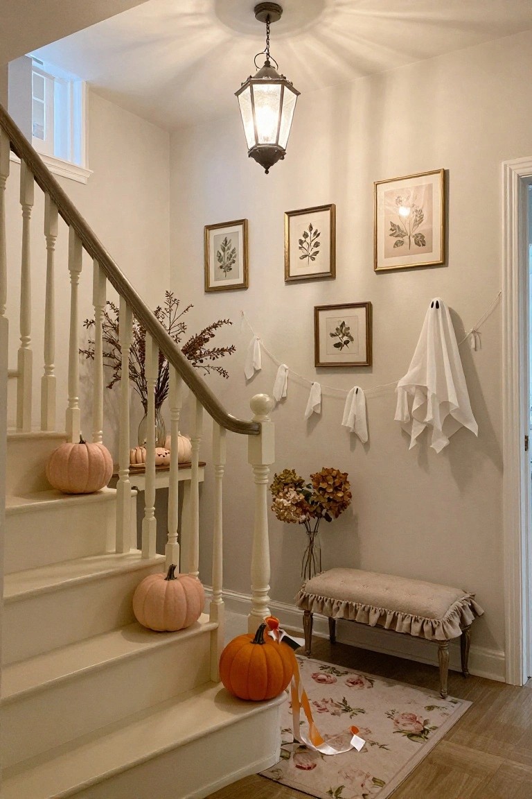 A beige interior staircase landing decorated for Halloween with white fabric ghosts hanging from the railing and walls on string, small pale orange pumpkins on steps and a side table, botanical prints on walls, dried fall branches in a vase, and a bench with ruffled skirt at the base.