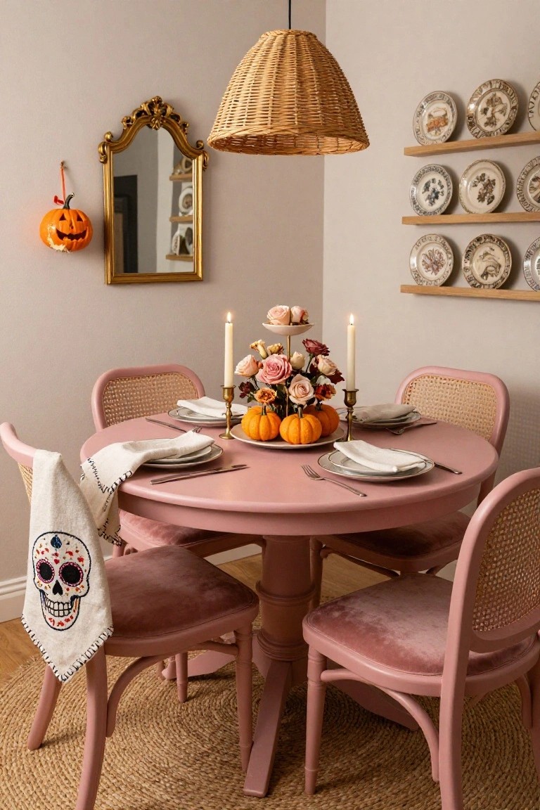 Blush pink round pedestal dining table with four rattan chairs in pink velvet upholstery, set with white plates, silverware, candles, small pumpkins, rose flowers on a tiered stand, and a white sugar skull embroidered napkin draped over one chair, in a beige-walled room with plate shelves, gold mirror, and hanging orange pumpkin.