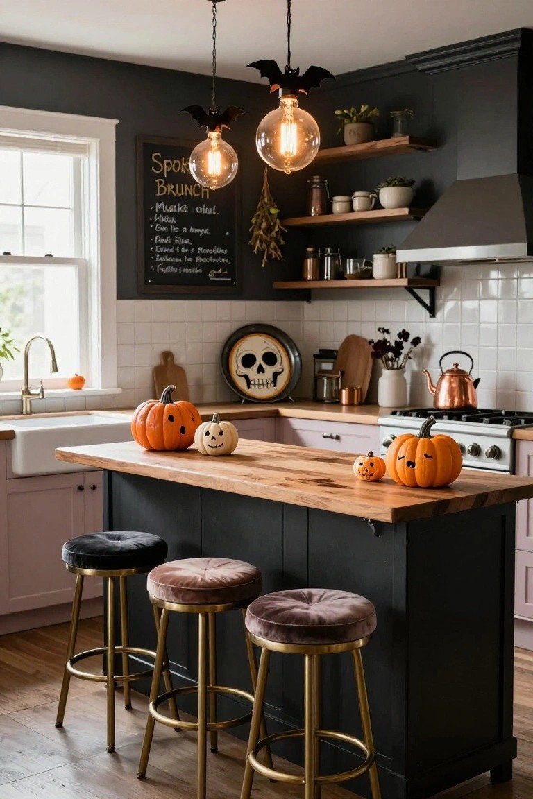 Halloween-decorated kitchen with wooden island topped by carved pumpkins, blush pink lower cabinets, black upper cabinets and island base, gold-legged stools with black and pink velvet seats, bat-shaped pendant lights, skull wall clock, and chalkboard sign for Spooky Brunch.