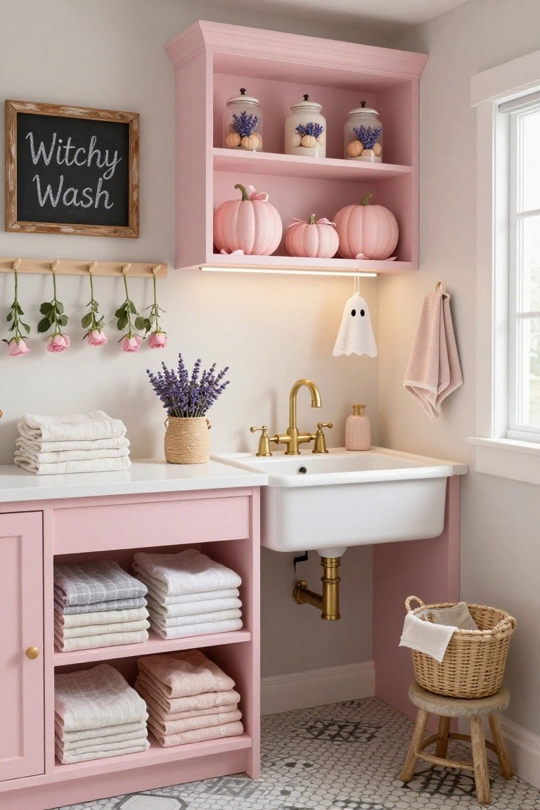 Pink corner laundry room featuring a white farmhouse sink, pink cabinets stocked with folded linens, open shelves with pink pumpkins and lavender jars, a 