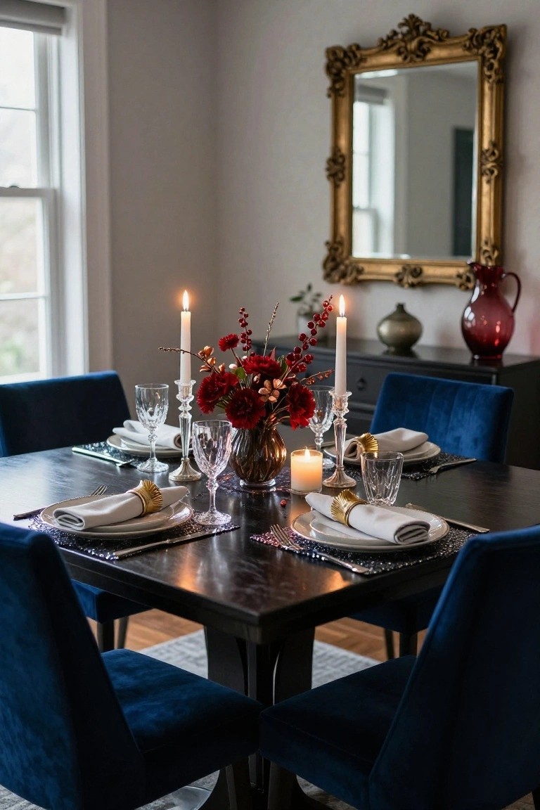 Dining table set for Christmas dinner with deep blue velvet chairs, dark wood surface, red flower centerpiece, white candles on candlesticks, crystal glasses, gold napkin rings, and placemats in a room with gray walls and a gold mirror.