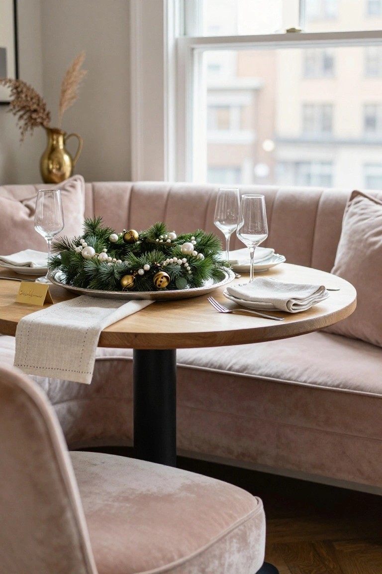 Close-up of a round oak table set for Christmas in a blush pink velvet corner booth, with an evergreen wreath centerpiece featuring gold bells and white pearls on a silver platter, flanked by wine glasses, plates, linen napkins, and cutlery.