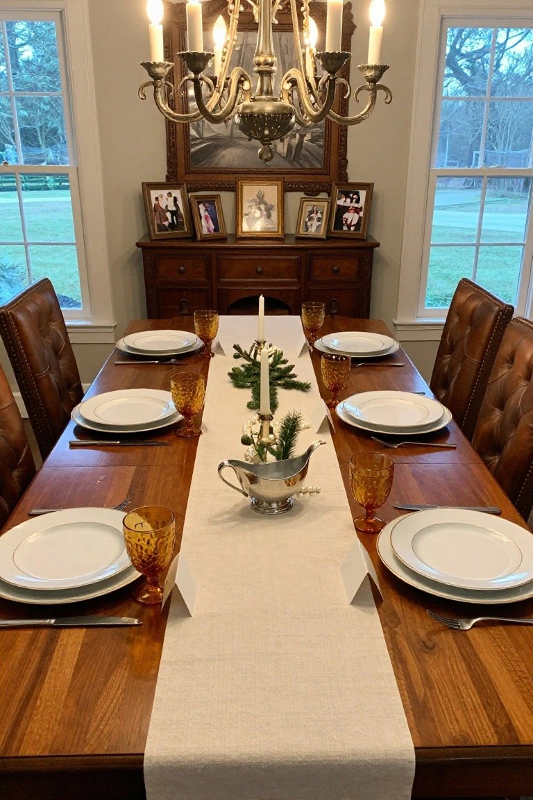 Dining room table set with white plates, amber glassware, a beige linen runner, taper candles in evergreen sprigs, and a silver creamer in the center, surrounded by tufted leather chairs under a chandelier.