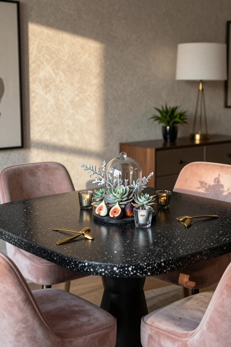 Close-up of a square black speckled dining table with pink velvet chairs, a glass cloche dome covering figs and succulents on a black tray with surrounding candles and gold utensils in a room with warm lighting.