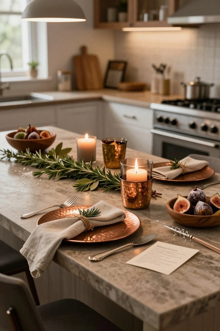 Close-up view of a kitchen island dining table set for two with copper plates, linen napkins tied with rosemary, candles in copper holders, bowls of figs and fruits, and a rosemary greenery runner on a speckled countertop.