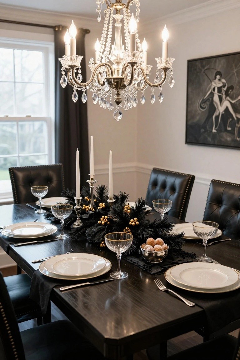 Dining room table set for Christmas with black linens, gold berry and black feather centerpiece, white plates, gold-rimmed crystal glassware, black leather chairs, and crystal chandelier overhead.