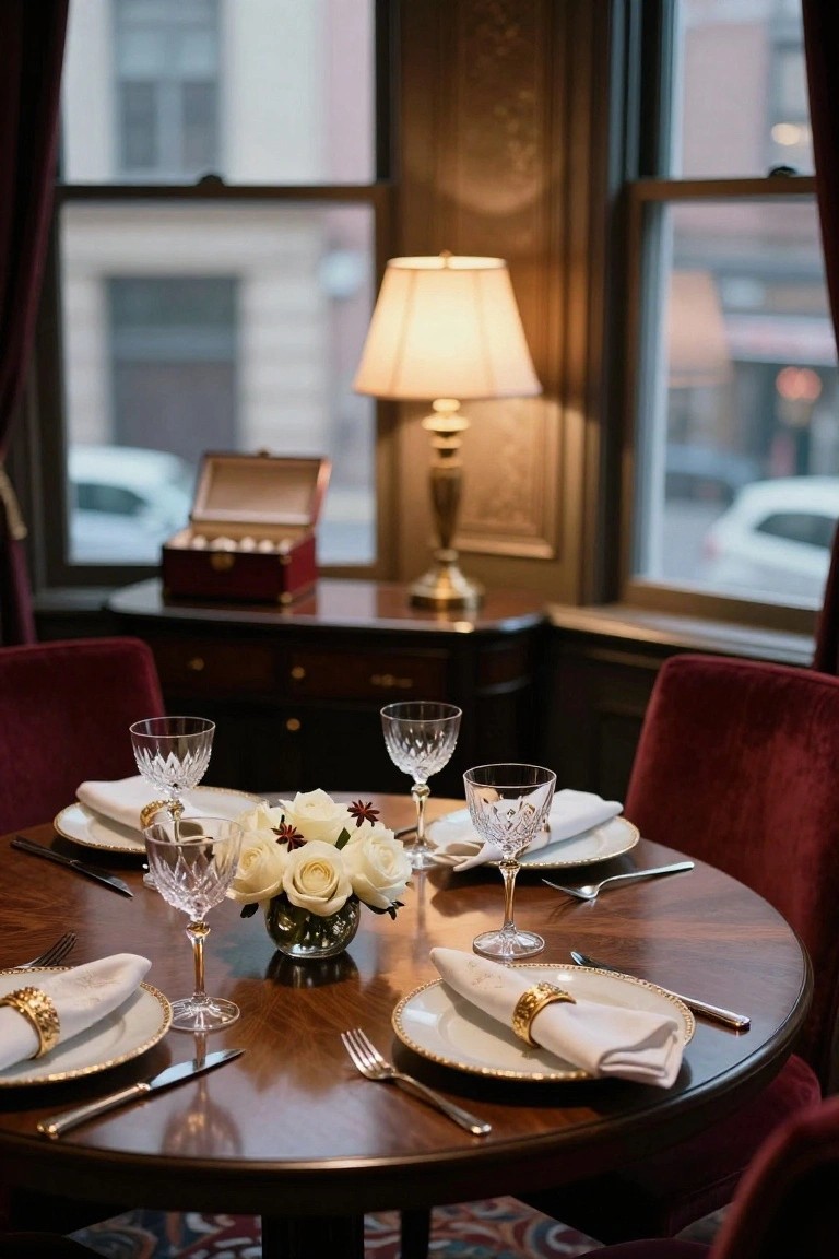 Close-up of a round polished wood dining table set for four places with white plates, crystal stemware, gold-accented napkin rings, a centerpiece of white roses in a glass vase, forks and knives, red velvet chairs, a lamp, and wooden furniture in a room with large windows.