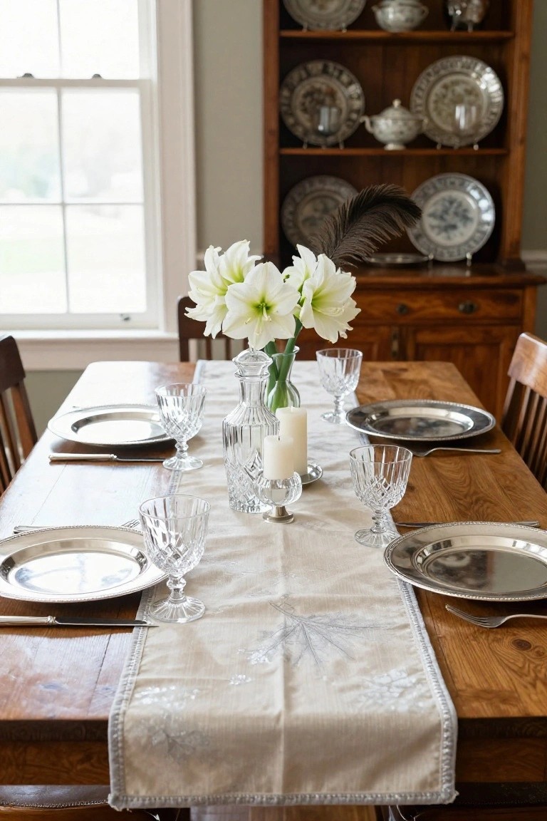 Wooden dining table set with silver plates, crystal glassware, white amaryllis flowers in a vase, candles, knives and forks, and a cream table runner with silver leaf embroidery, flanked by wooden chairs in a room with a window and wooden hutch.