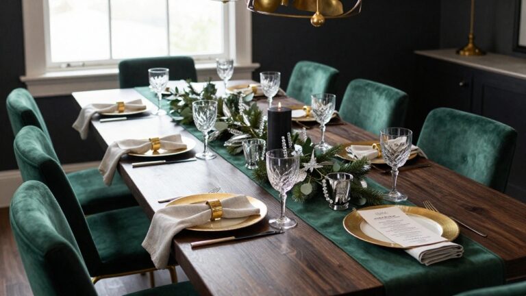 25 Glam Christmas Table Decor Ideas That Shine All Season Close-up of a long wooden dining table set for Christmas dinner with a green velvet runner, gold charger plates, white napkins with gold cuffs, crystal wine glasses, black taper candles, evergreen branches, and gold flatware, surrounded by green velvet chairs in a dark green-walled room.