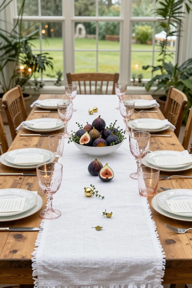 Wooden dining table in a glass conservatory set for a meal with white plates, pink glassware, a white fringed runner, gold bells, and a central white bowl filled with figs and greenery, large windows showing plants and garden outside.