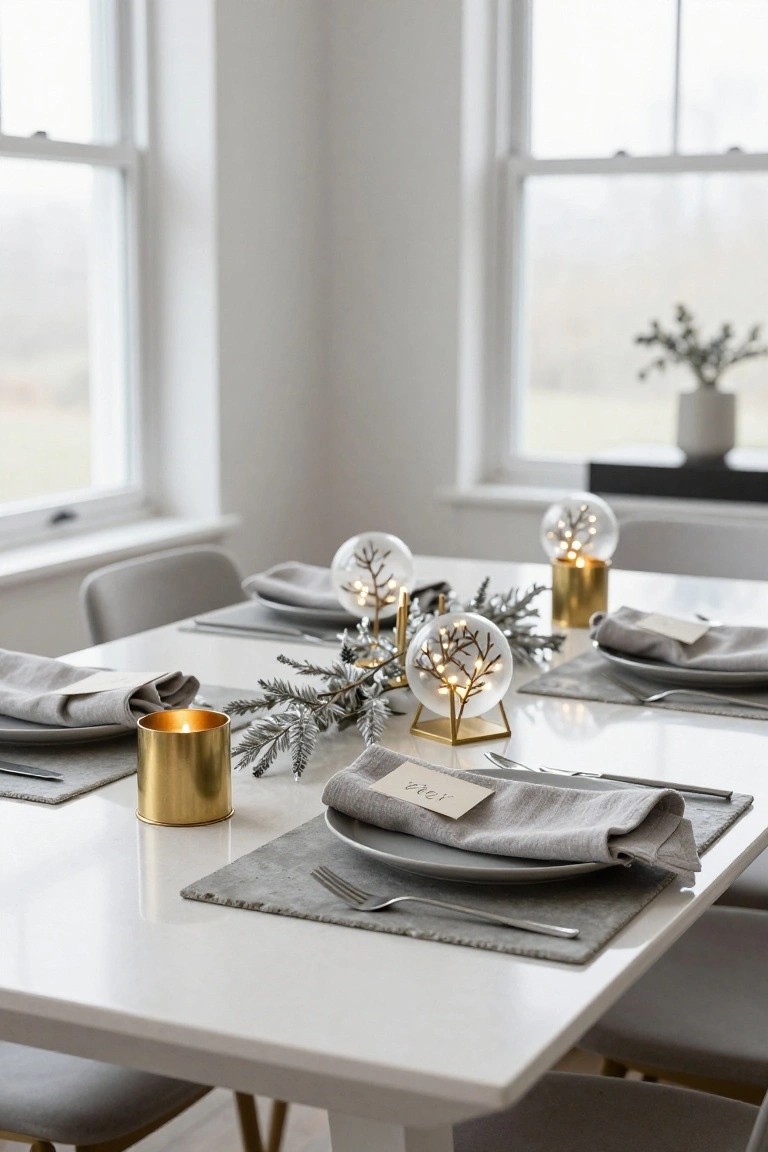 A white dining table set for Christmas with multiple glass orbs containing illuminated tree branches, gold candle holders, snowy greenery, gray linen napkins and placemats, and gray upholstered chairs near large windows.