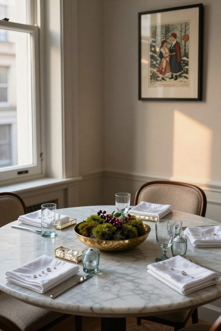 Round white marble dining table set for six places with white folded napkins holding pearl-like jewelry, a large gold bowl filled with green moss red berries and seed pods at center, gold trays glasses and upholstered chairs in a beige room with large window and framed painting.