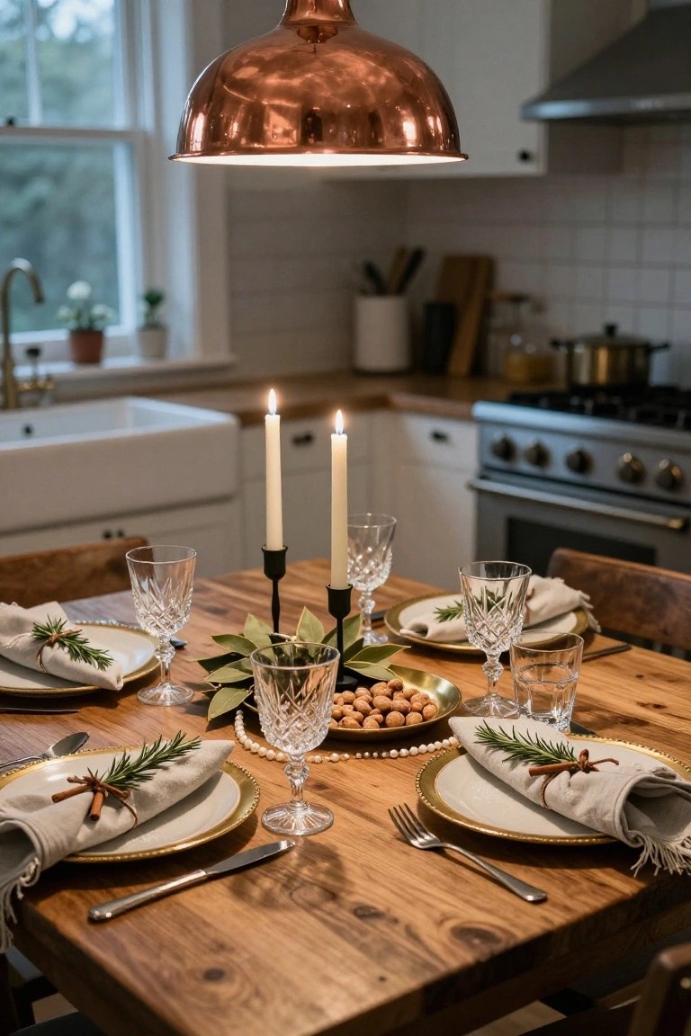 Wooden dining table set for four with gold-rimmed white plates, linen napkins tied with rosemary and cinnamon sticks, crystal glasses, burning candles, and a brass bowl of nuts in a white farmhouse kitchen.