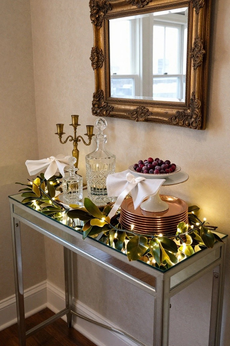 Mirrored glass console table in a beige-walled corner with gold-framed mirror above, decorated with green magnolia garland and fairy lights, crystal decanters, brass candelabra, white napkins, bowl of red cranberries on white cake stand, and stacked copper plates.