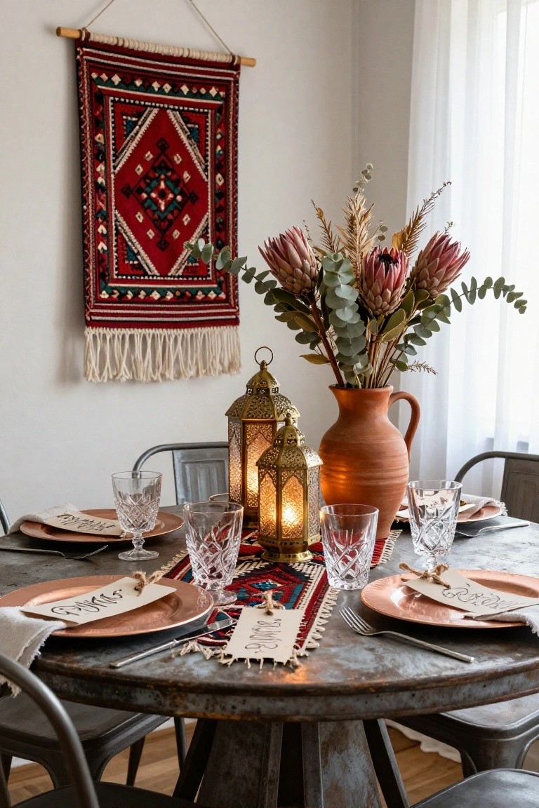 Close-up of a round rustic metal dining table set for a meal with copper plates, crystal glassware, place cards, a colorful kilim runner, brass lanterns, and a large terracotta vase of protea flowers and eucalyptus, with metal chairs around it.