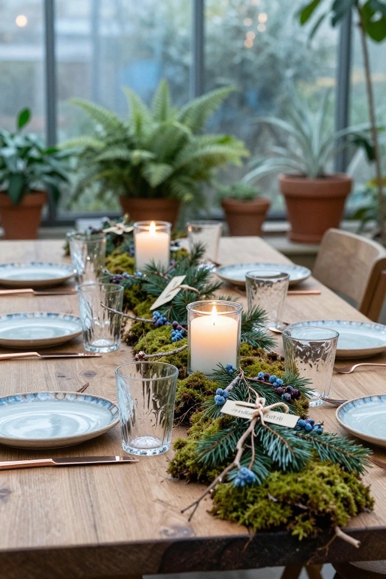 Wooden dining table with a central Christmas runner of green moss, pine branches, blue berries, and white pillar candles, set with blue-rimmed plates, copper flatware, and textured glass tumblers in a glass-walled room filled with potted plants.