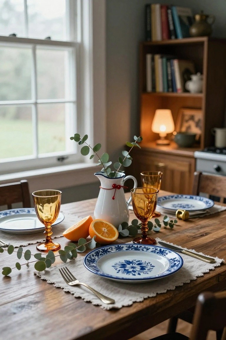 Wooden dining table set with blue and white plates, amber glassware, sliced oranges, eucalyptus branches, and a red-handled white pitcher, in a cozy interior with bookshelves and window view.
