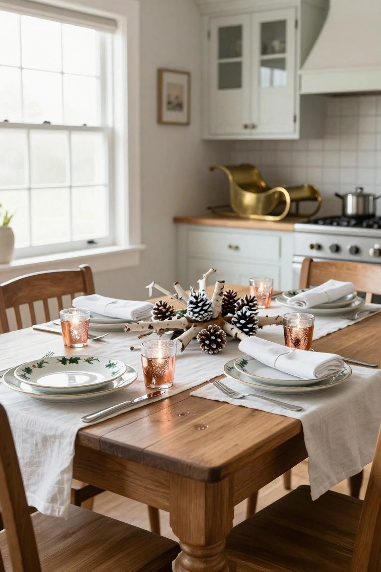Kitchen dining table set for Christmas with birch branches and pinecones as centerpiece, copper glasses with candles, white plates and napkins, wooden chairs, and white cabinets in background.