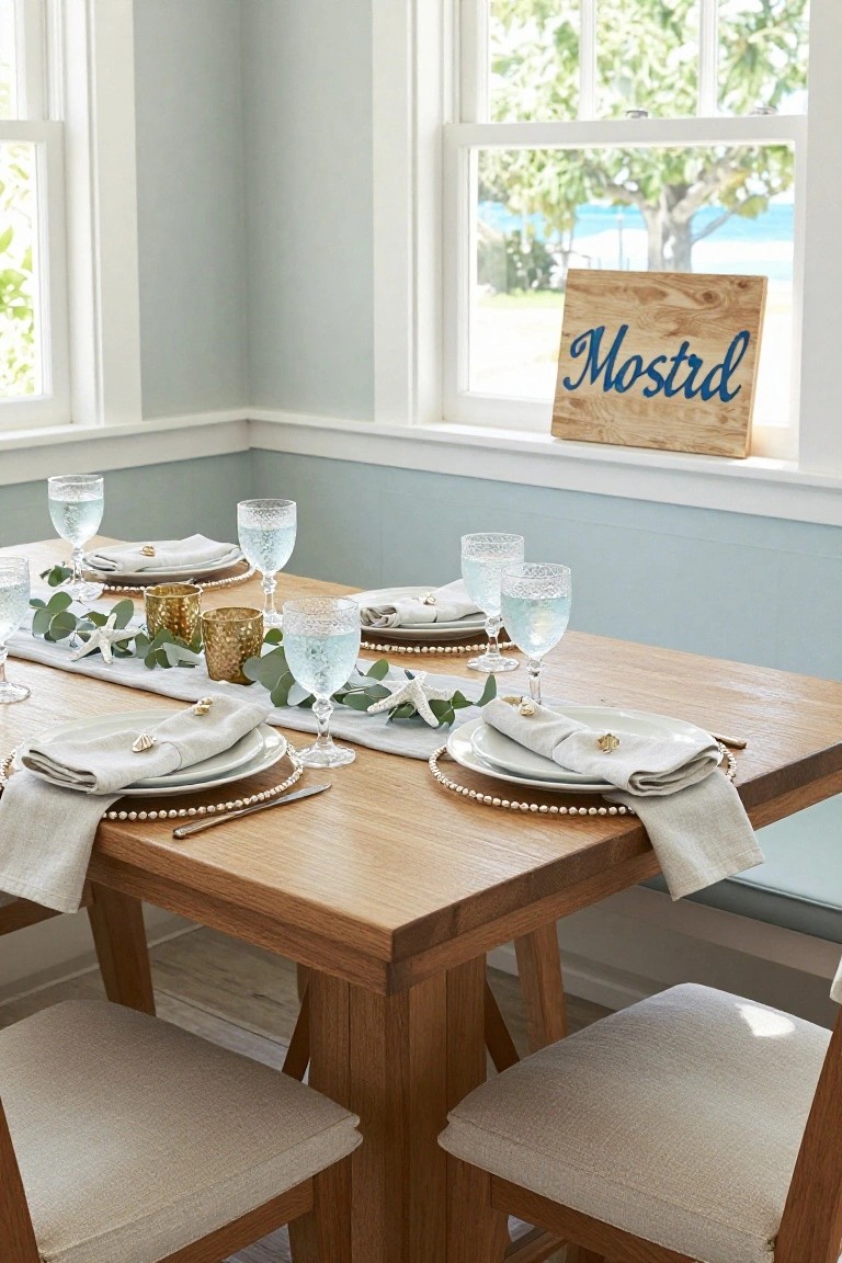 A wooden dining table in a pale blue room set for a meal with white plates on pearl strands, linen napkins with shell buttons, eucalyptus and starfish garlands, gold candle holders, textured glasses of water, and beige upholstered chairs, viewed through large windows with a beach outside and a wooden sign reading
