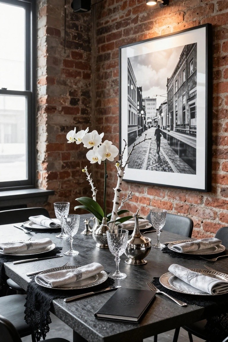 Close view of a dining table set with crystal stemware, white phalaenopsis orchids, silver serving pieces, linen napkins, and plates on a dark slate surface next to an exposed brick wall.