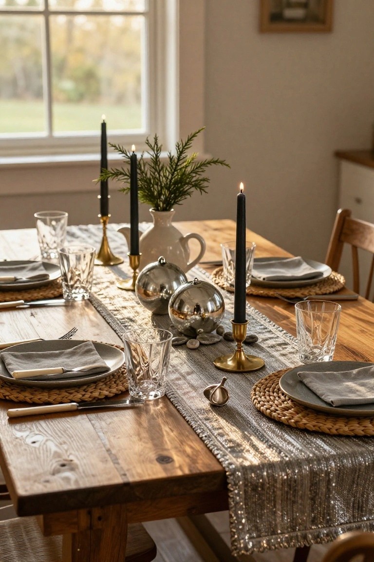 Wooden dining table set with shimmery silver table runner, black taper candles in gold and brass holders, metallic silver domes and teapot, seagrass placemats, gray linen napkins, clear glasses, and evergreen branches.