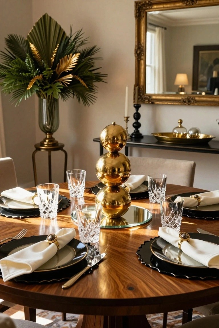 Round wooden dining table set for six with three stacked gold spheres as centerpiece on a mirror base, surrounded by crystal glasses, black charger plates, white napkins with gold rings, forks and knives, in a room featuring a large gold mirror, green plant arrangement, and sideboard.