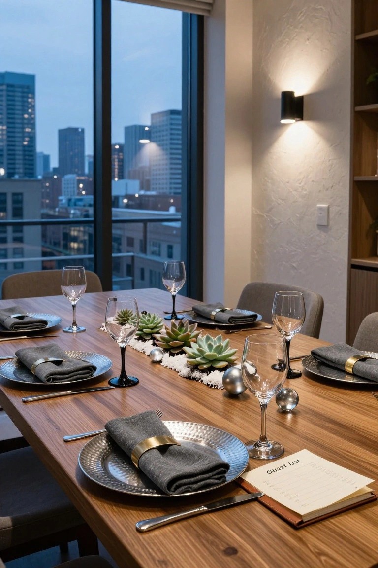 Wooden dining table set with hammered metal plates, gray napkins with gold bands, wine glasses, and a central runner of succulents, white pebbles, and silver balls, plus a leather guest list notebook, in a modern room with large windows showing a city skyline at dusk.