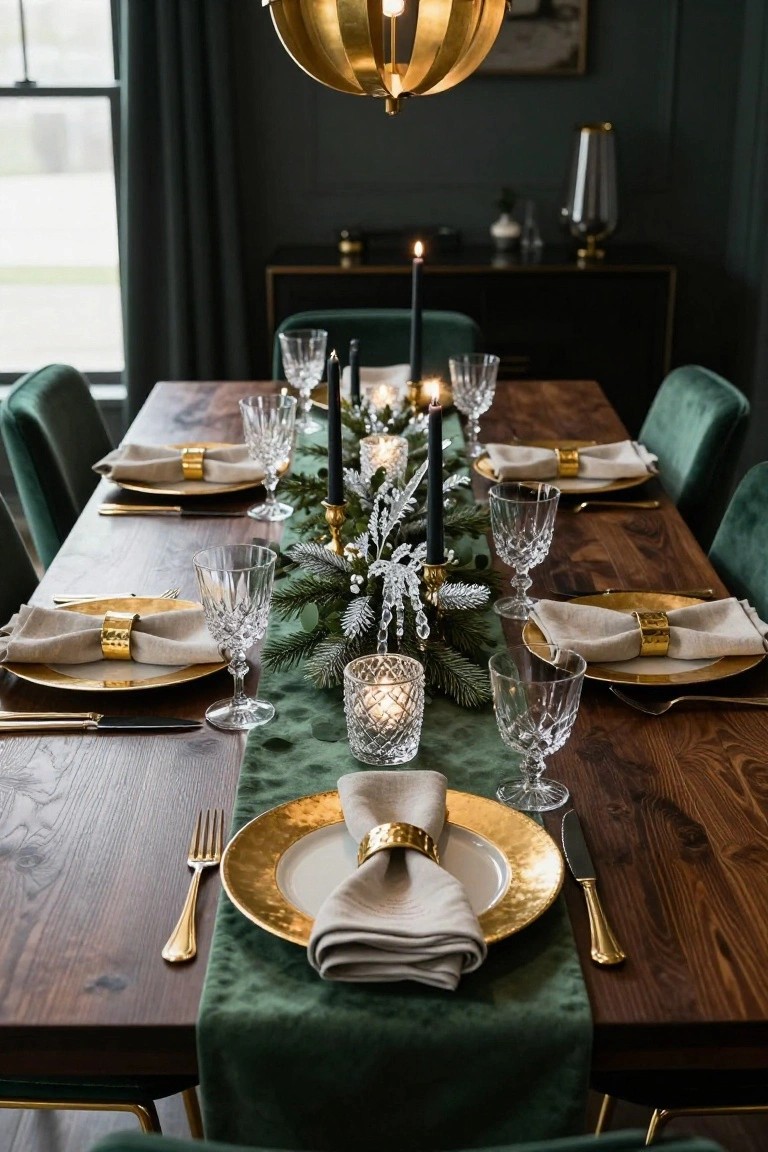 Close-up of a long wooden dining table set for Christmas dinner with a green velvet runner, gold charger plates, white napkins with gold cuffs, crystal wine glasses, black taper candles, evergreen branches, and gold flatware, surrounded by green velvet chairs in a dark green-walled room.
