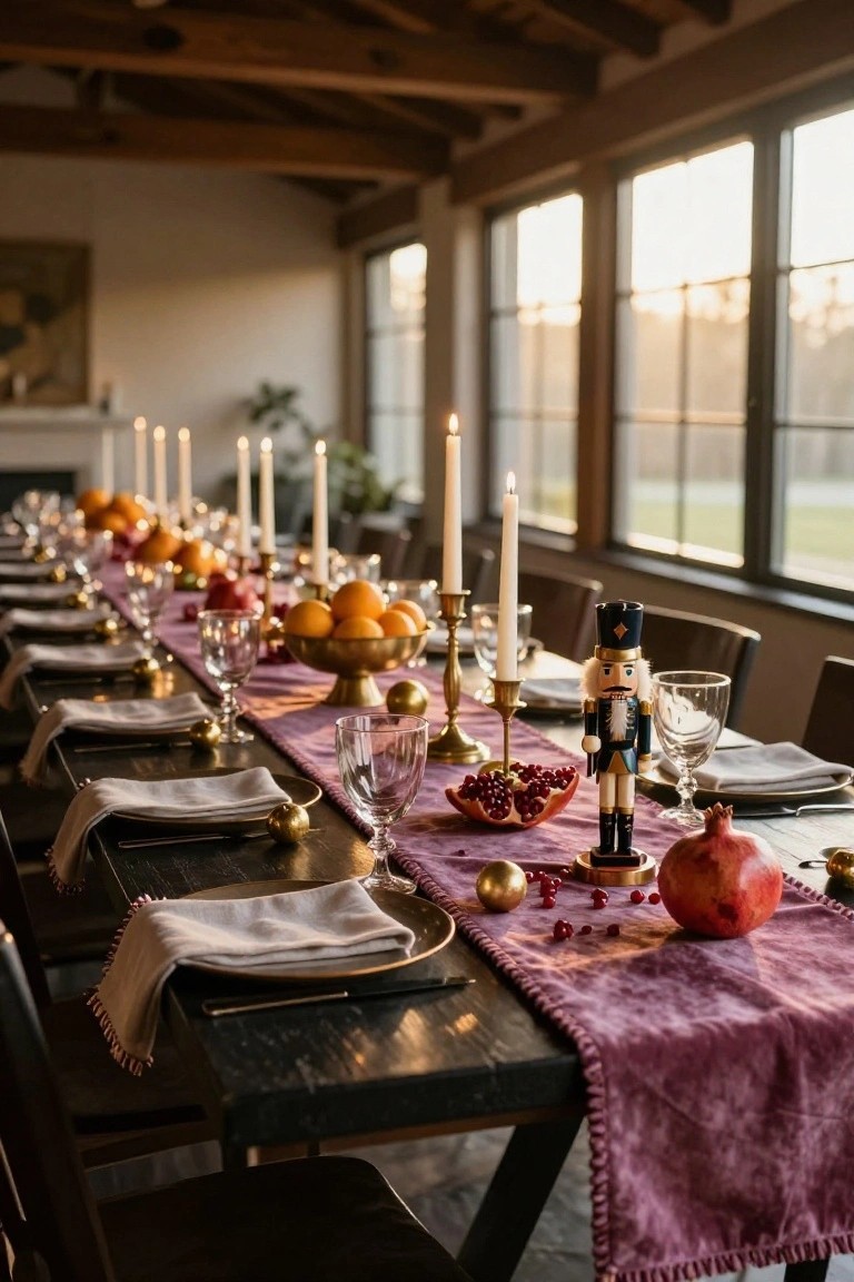 Long dark wood dining table covered with a fringed purple velvet runner, gold bowls of oranges and pomegranates, clusters of candles, nutcrackers, gold place settings, and glassware in a beamed room with large windows.