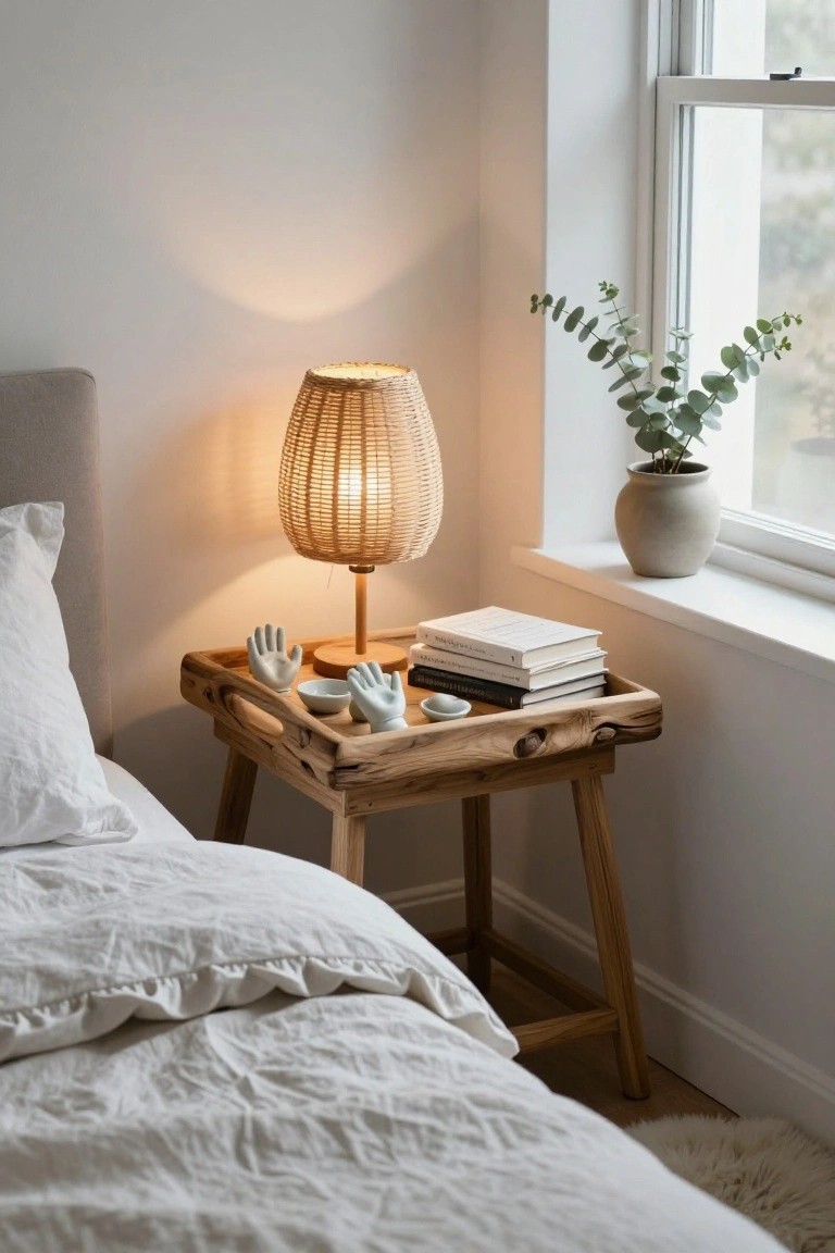 Wooden bedside tray on a nightstand holding small white hand sculptures, books, and ceramic bowls, with a rattan lamp lit nearby, white bed, and window with eucalyptus plant.