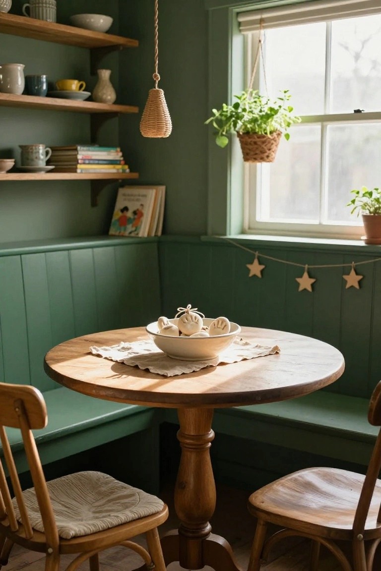 Sage green paneled corner nook with round wooden table, built-in bench with cushions, white ceramic pumpkins in bowl on table, open shelves holding pottery books and plants, rattan pendant light, hanging star garland near window.