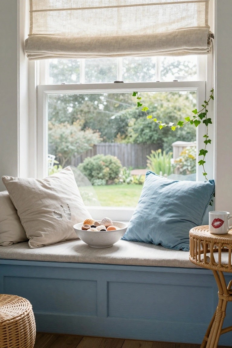 Window seat bench in blue with beige and blue cushions including one with embroidered handprints, a white bowl of seashells on the seat, rattan side table holding a mug with red lips design, linen roman shade, and view of backyard garden through the window.