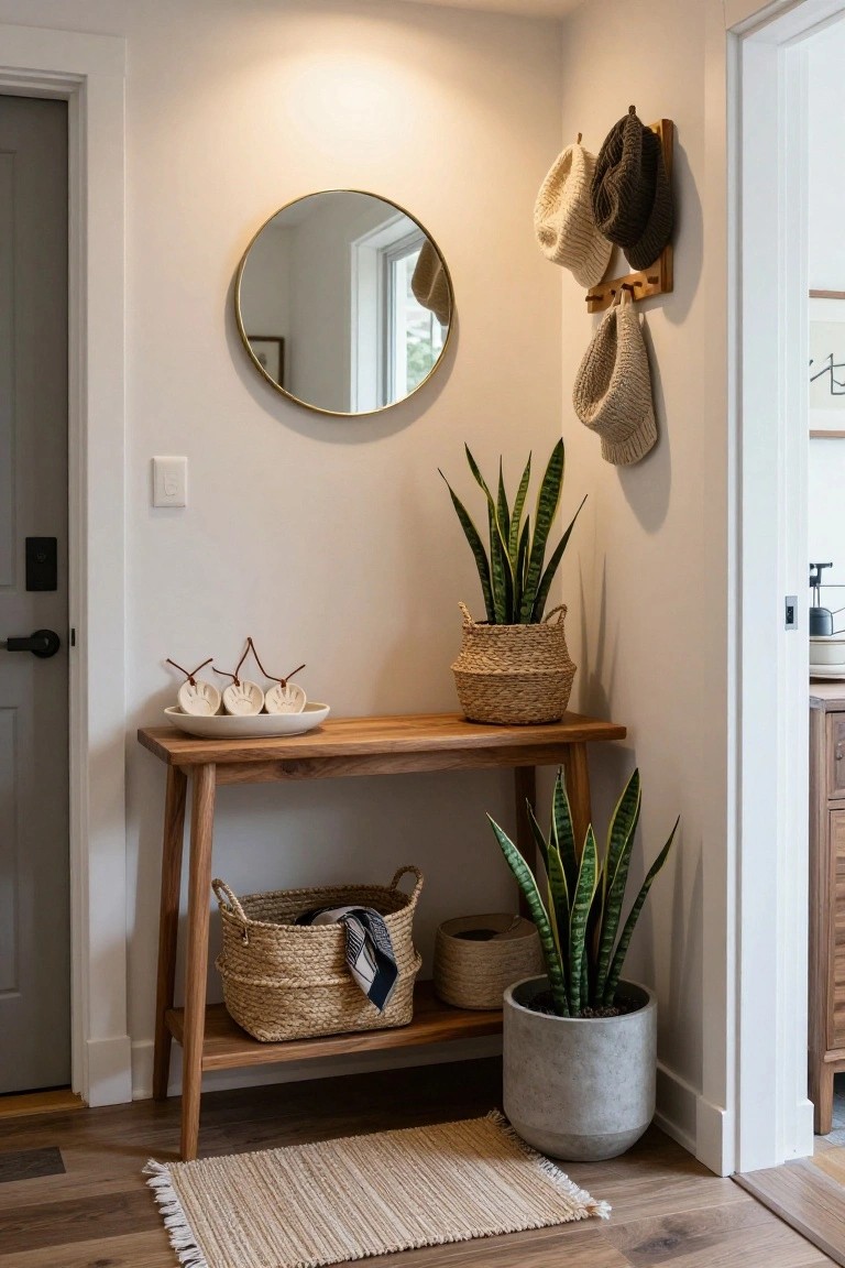 Wooden console table in corner entryway with white dish holding three handprint shell ornaments, snake plants in baskets and pots, seagrass storage baskets, gold round mirror, knit hats on wall rack, white walls, doors, and beige rug.
