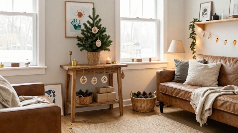 25 Handprint Christmas Ornament Ideas That Capture Precious Memories Cozy living room corner featuring a tan leather sofa with pillows and throw, small potted Christmas tree, candles on wooden table with handprint frame, handprint plaques on wall, wrapped gifts, floor pillow, seagrass rug, and basket of pinecones.